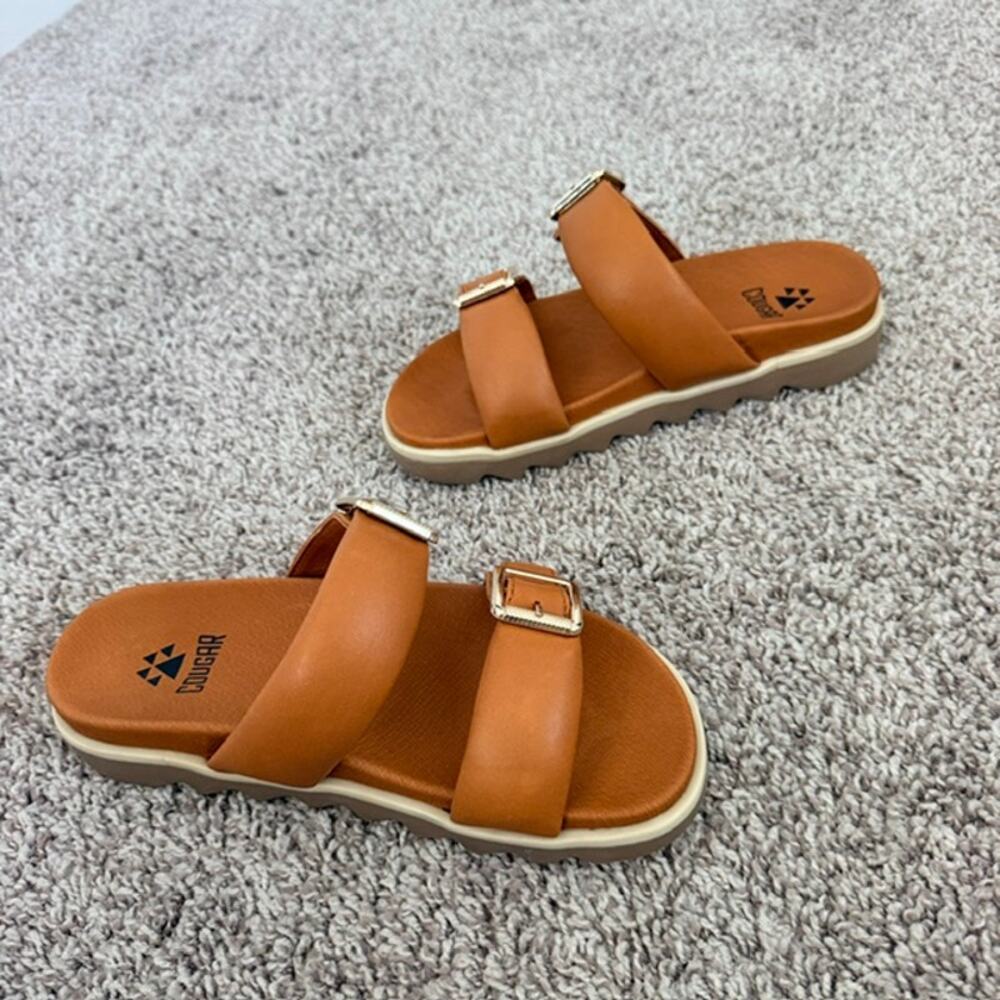 Cougar Nifty Slide Sandals Cognac Women 6 Open Toe Nappa Leather Straps Buckles